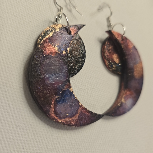 HANDCRAFTED Wood Crecent Moon Pierced Earrings HANDPAINTED ARTISAN Jewelry - Picture 7 of 16